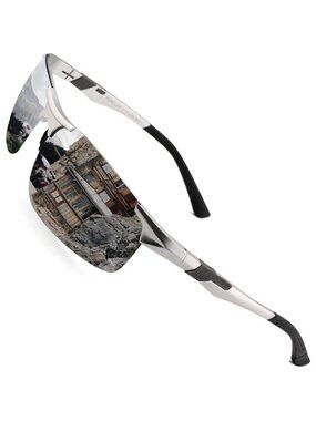 Mens Silver Mirrored Lens Al-Mg Metal Frame Polarized Fishing Golf Goggles